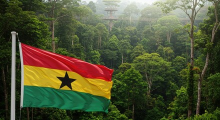 Waving Ghanaian Flag Symbolizing Black Star of Africa Over the Lush Tropical Rainforest Canopy