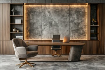 Flawless Visual of Office Interior with Wooden Desk and Comfortable Armchair