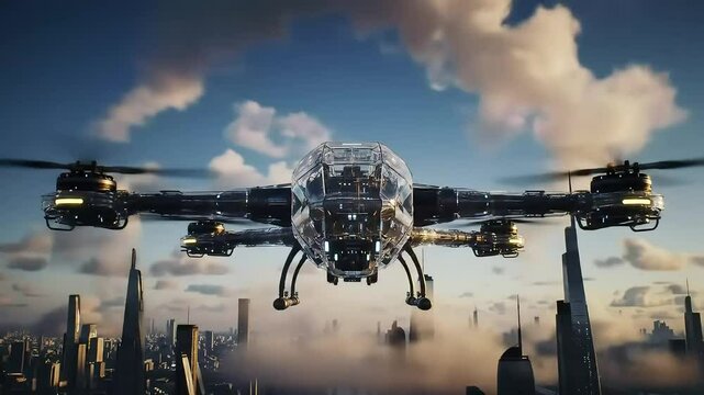 A massive drone reshapes clouds into symbols and spirals, controlling weather above a sci-fi city.