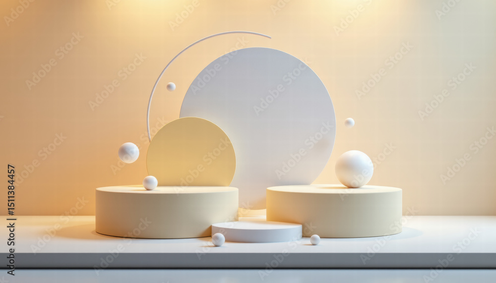 Aufkleber minimalist display featuring geometric shapes in soft colors, including circles and spheres, creatin