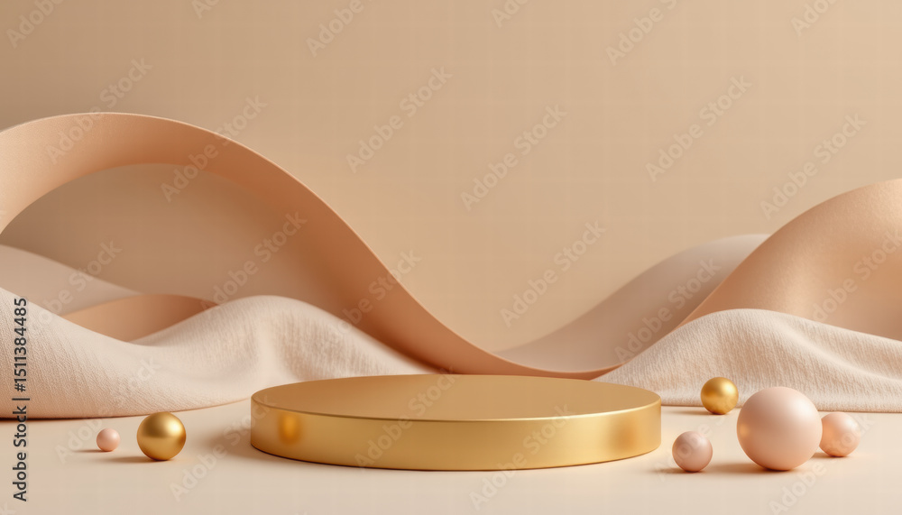 Poster minimalistic scene featuring golden circular platform surrounded by soft, flowing fabric and various