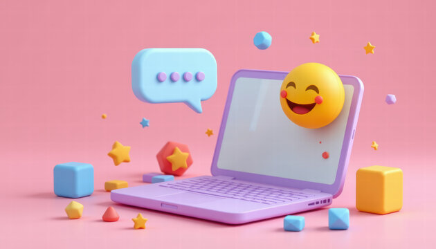 Image features colorful, stylized laptop surrounded by playful geometric shapes and cheerful emoji, creating fun and vibrant atmosphere