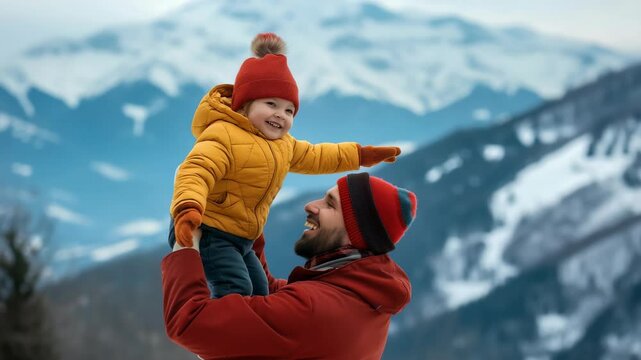 A father lifts his laughing child in the air, both bundled in winter gear. Snow-covered mountains form a backdrop to this joyful moment of connection in a winter setting. 