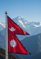Waving Unique Nepali Flag Symbolizing Himalayas Against the Majestic Peaks of Mount Everest Range