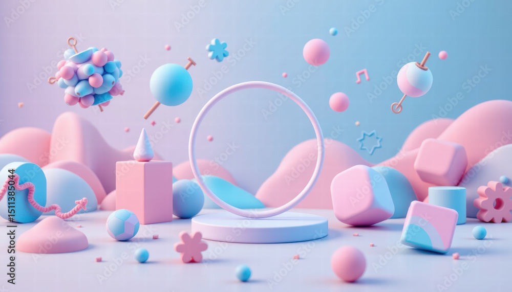 Poster vibrant and playful scene featuring collection of geometric shapes and colorful elements in pastel s