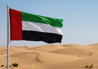 Waving UAE Flag Symbolizing Arab Unity Across the Vast Golden Desert Dunes of the Empty Quarter