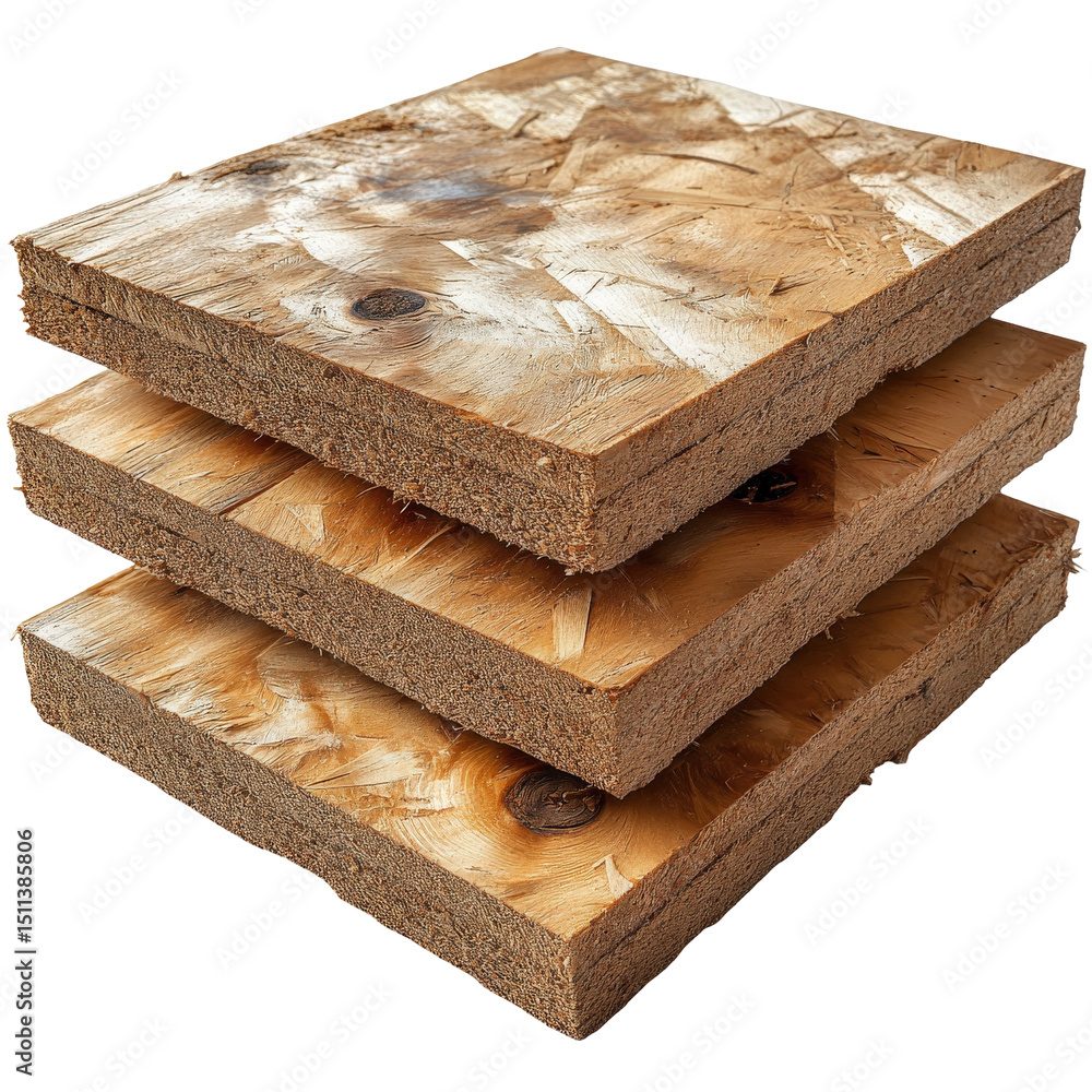 Poster stack of three oriented strand board sheets showcases wood grain and textures