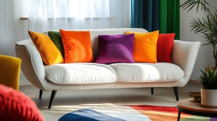 White Sofa with Colorful Pillows in a Living Room