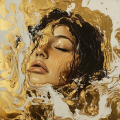 Woman's Face Submerged in Golden Liquid