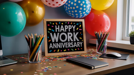 Festive Office Desk with 'Happy Work Anniversary' Chalkboard, Balloons & Confetti