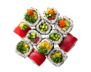 Maki rolls in a row with salmon, avocado, tuna and cucumber isolated on transparent background. Fresh hosomaki pieces with rice and nori. Top view of delicious japanese food with sushi roll.