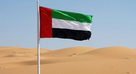 Waving UAE Flag Symbolizing Arab Unity Across the Vast Golden Desert Dunes of the Empty Quarter