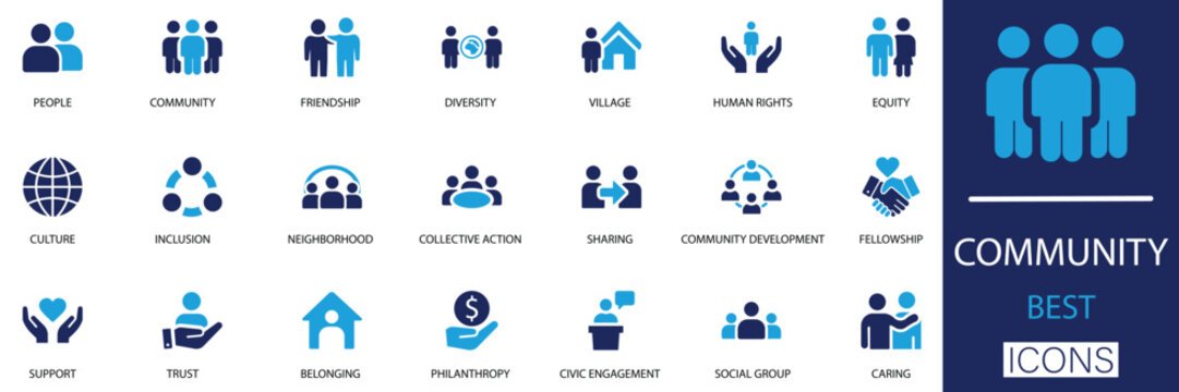 Community icon set. A solid collection of icons representing community, people, social support, trust, diversity, equity, friendship, belonging, fellowship, and neighborhood for versatile use.
