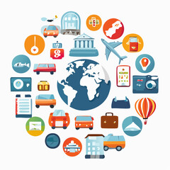 collection of travel business icons arranged neatly