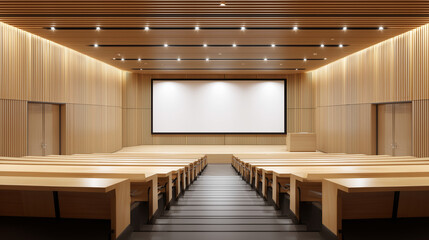 modern university lecture hall with tiered seating, clean empty desks, large digital projector screen at the front