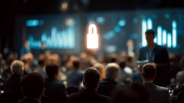 Audience at a Conference with a Security Theme and a Glowing Lock Symbol