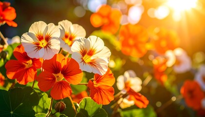 Bright nasturtiums in sunlight.