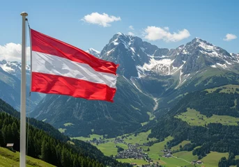 Fototapete Rund Waving Austrian Flag Symbolizing Alpine Heritage Amidst the Majestic Peaks and Valleys of the Alps © Owen Helai