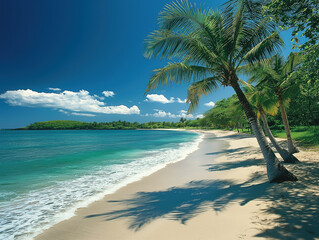 A serene beach scene at Candi Dasa with palm trees swaying in the breeze