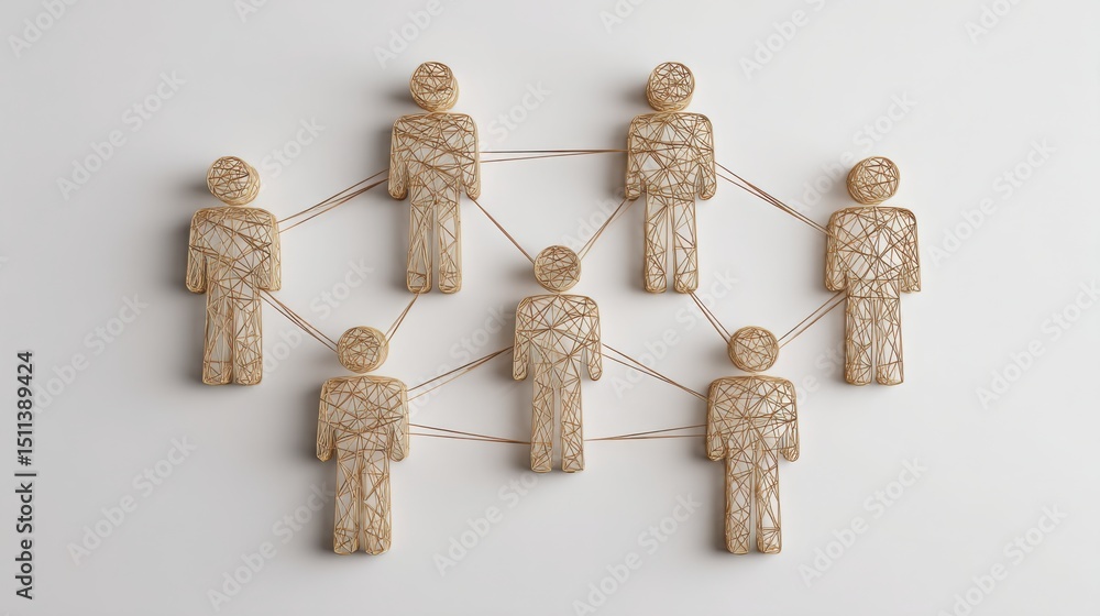 Poster group of wooden figures symbolizing organizational network visualizer with complex mesh graph connec