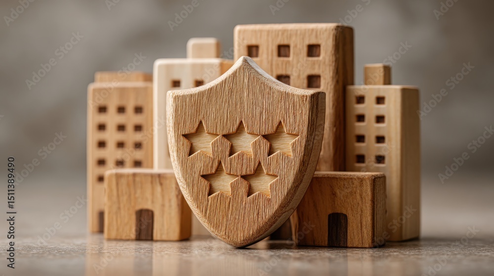 Poster a wooden block with a shield on top representing the concept of organizational reputation and trust 