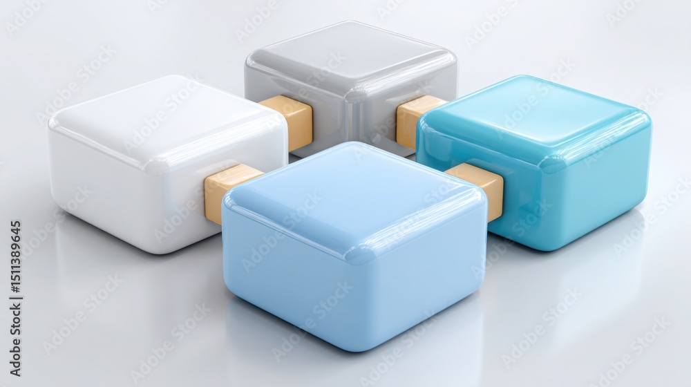 Poster a set of four cubes illustrating organizational workflow builder concept with drag-and-drop elements