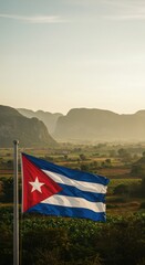 Waving Cuban Flag Symbolizing Caribbean Resilience Amidst the Unique Mogotes of the Viñales Valley