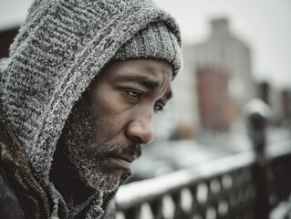 An emotional scene of a homeless veteran in a city park or shelter
