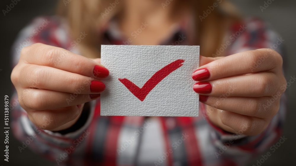 Poster engaging image of a woman holding a card with a check mark symbolizing success in performance evalua