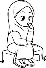 Cute Thoughtful Girl in Hijab Cartoon Outline