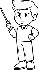 Boy Presenting with Pointer Cartoon Outline