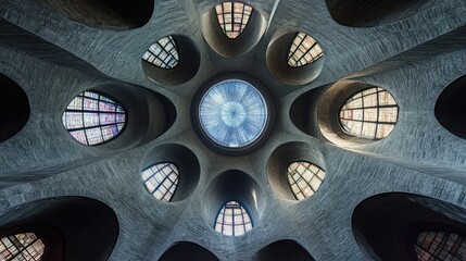 Abstract Architectural Interior with Stained Glass Windows and Curved Walls