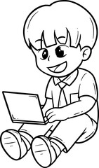 Child Using Laptop Cartoon Outline
