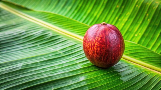 A young sharkara varatti fruit sitting on a banana leaf in a tropical forest environment, with the leaves' veins visible and the fruit's texture highlighted , tropical forest, sharkara varatti