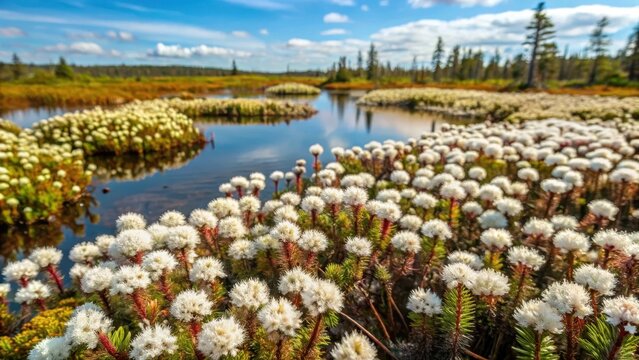 Dense clumps of ledum palustre flowers in North Western Siberia wetlands