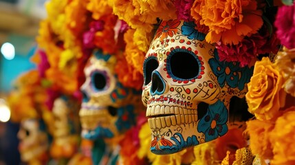 Fototapeta premium Colorful Sugar Skull Decorated with Marigolds and Flowers