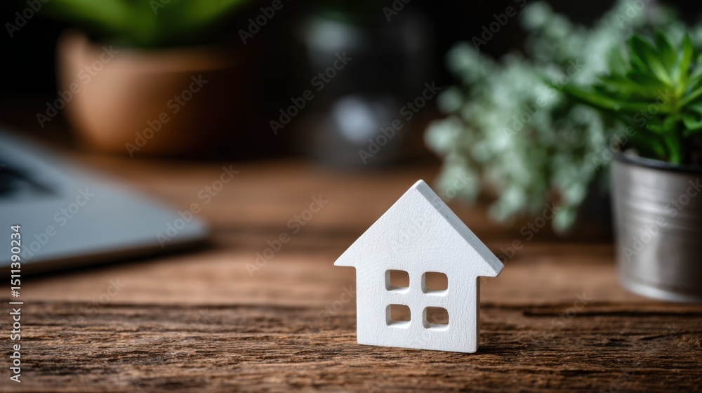 Poster house model on a table symbolizing remote work environment with computer integration for modern prof