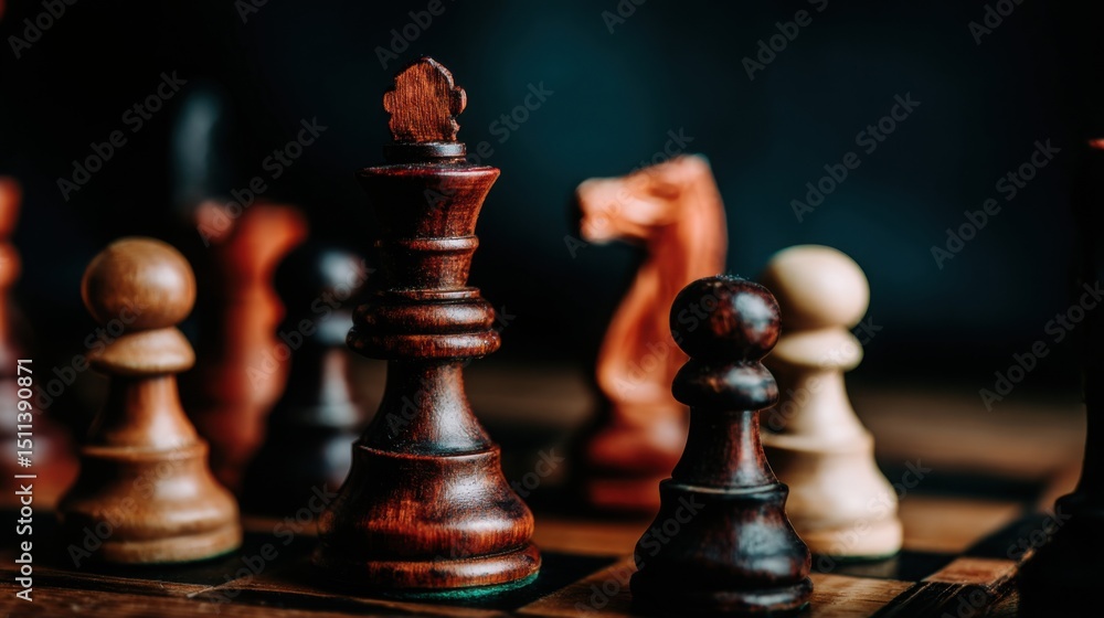 Poster intense chess game in progress on a beautifully crafted chess board with players deep in thought and