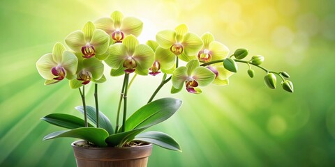 A lush green orchid plant with multiple blooms and a central stem