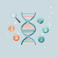 A flat vector of a colorful DNA double helix with science icons floating nearby, representing genetics and molecular biology.

