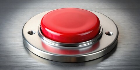 A small red button label with a white background and black font on a metal plate