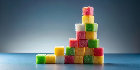 Sugar cubes stacked into a colorful geometric tower with a central supporting cube on a flat surface