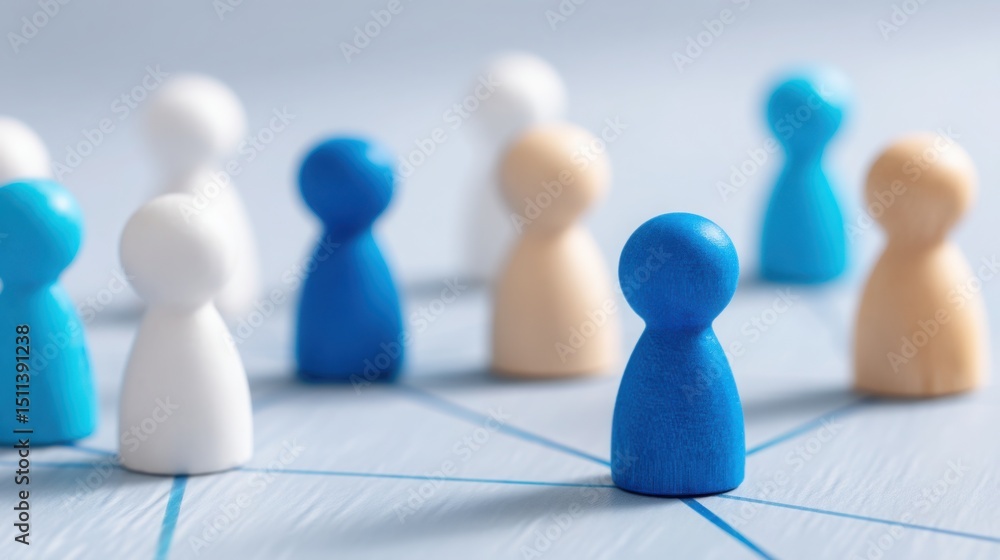 Poster visual map depicting a group of wooden people for stakeholder alignment in a collaborative team envi