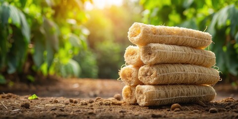 Dried loofah stack in soil from fruit plant for natural scrub