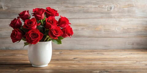 A delicate arrangement of freshly picked red roses in a simple white vase on a wooden table