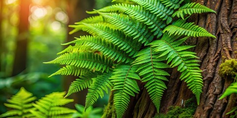 Dense cluster of lush green fern fronds growing on a tree trunk