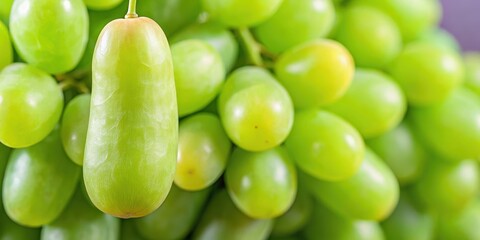 Close-up of a seedless green grape with an elongated finger-like shape resembling a witch's finger