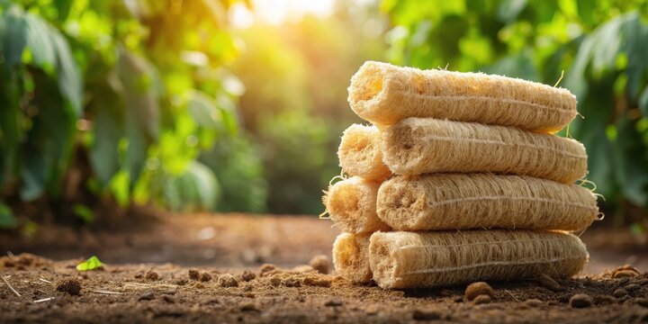 Dried loofah stack in soil from fruit plant for natural scrub