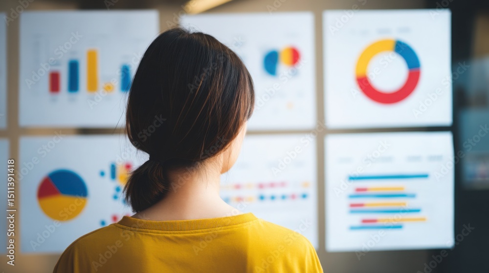 Poster woman analyzing a wall full of charts and graphs for strategic insights in a dynamic dashboard envir