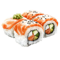 Delightful sushi rolls featuring fresh salmon and artistic watercolor style illustration